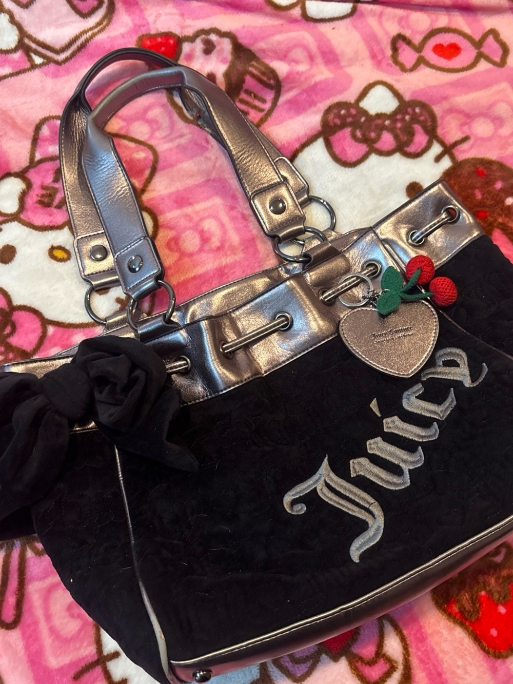 Juicy Couture  Daydreamer Black Tote with Metallic Silver Trim and Cherry Charm